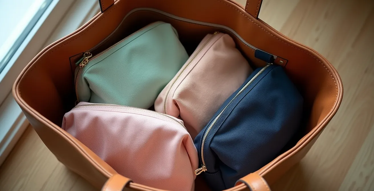 Vue du dessus d'un sac à main ouvert montrant des pochettes organisatrices colorées bien rangées