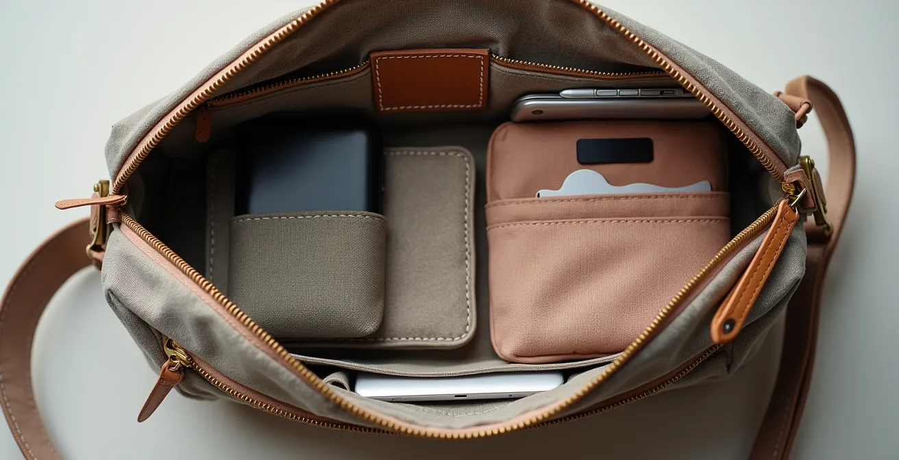 Vue plongeante de l'intérieur d'un sac crossbody organisé avec mini-pochettes et compartiments