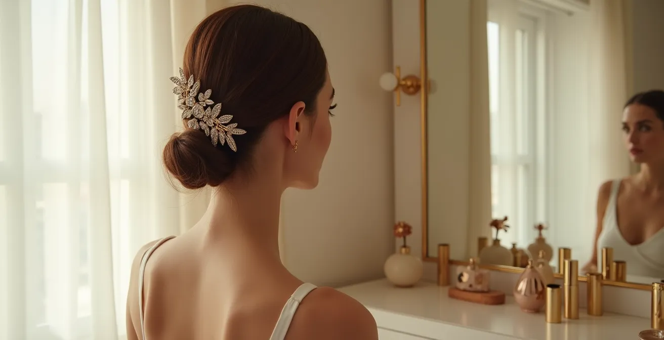 Peigne orné placé latéralement sur une coiffure mi-attachée avec volume texturé