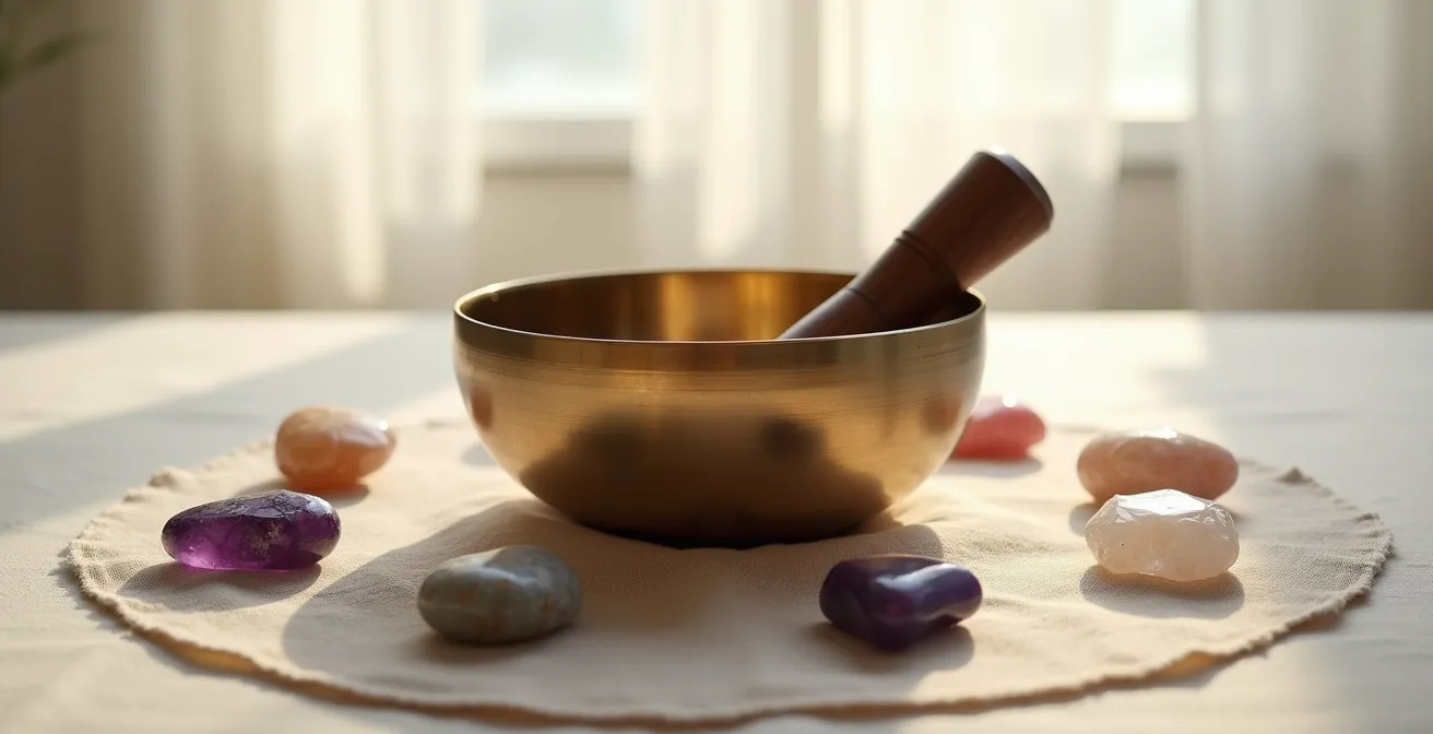 Cristaux disposés autour d'un bol tibétain en métal martelé pendant une séance de purification sonore