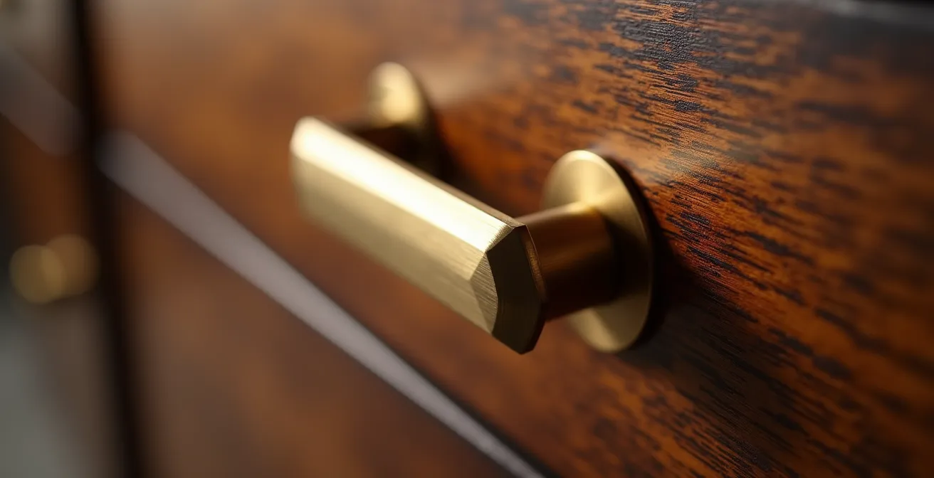 Gros plan sur une poignée en laiton brossé montée sur un meuble en bois