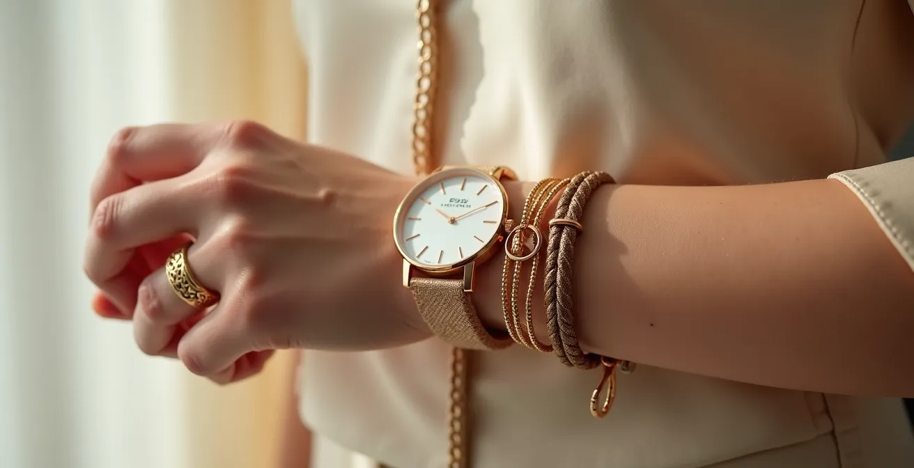 Poignet féminin avec empilement harmonieux de bracelets et montre sans contact direct