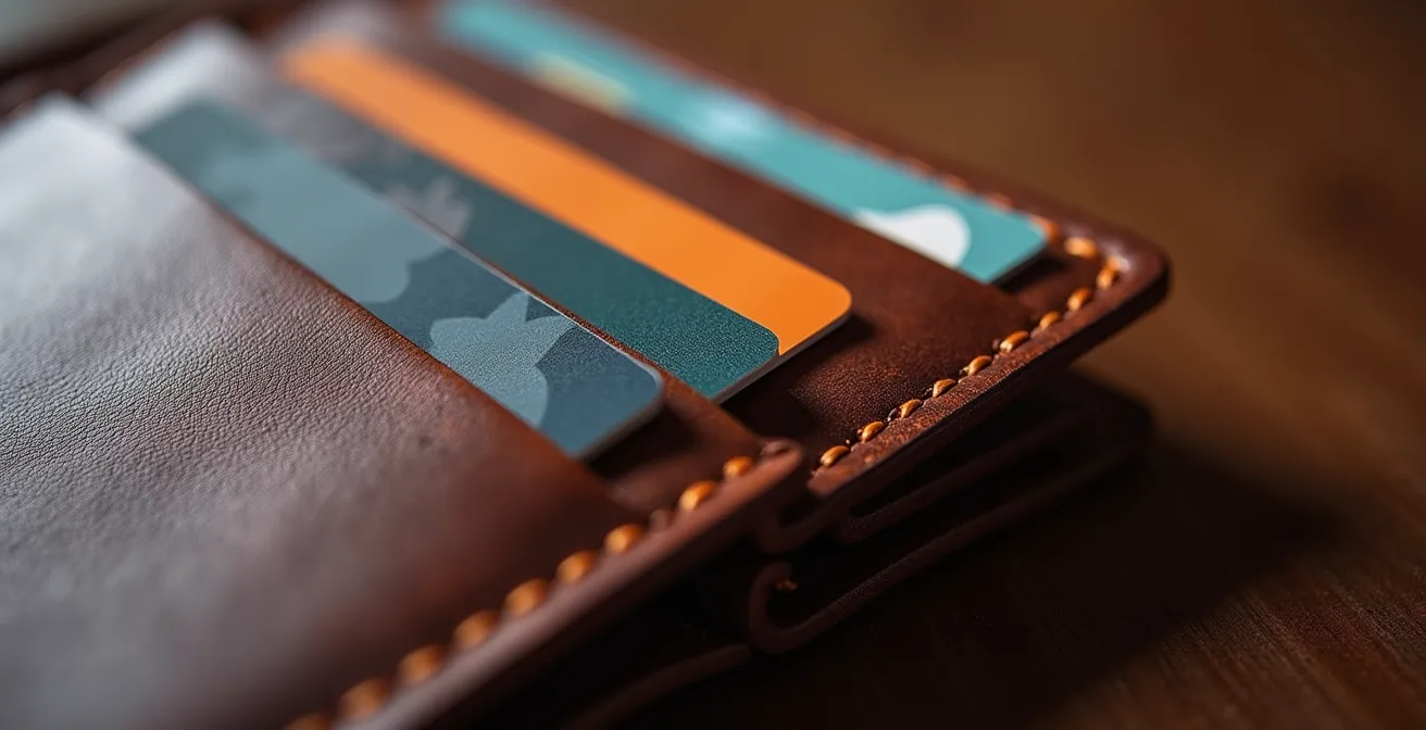 Vue macro d'un portefeuille ouvert montrant trois emplacements de cartes avec design épuré