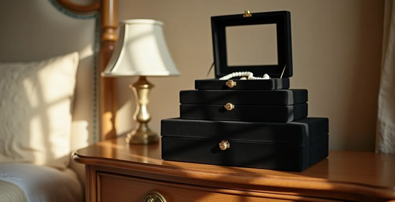 Système de trois boîtes à bijoux empilables en velours noir sur coiffeuse en bois
