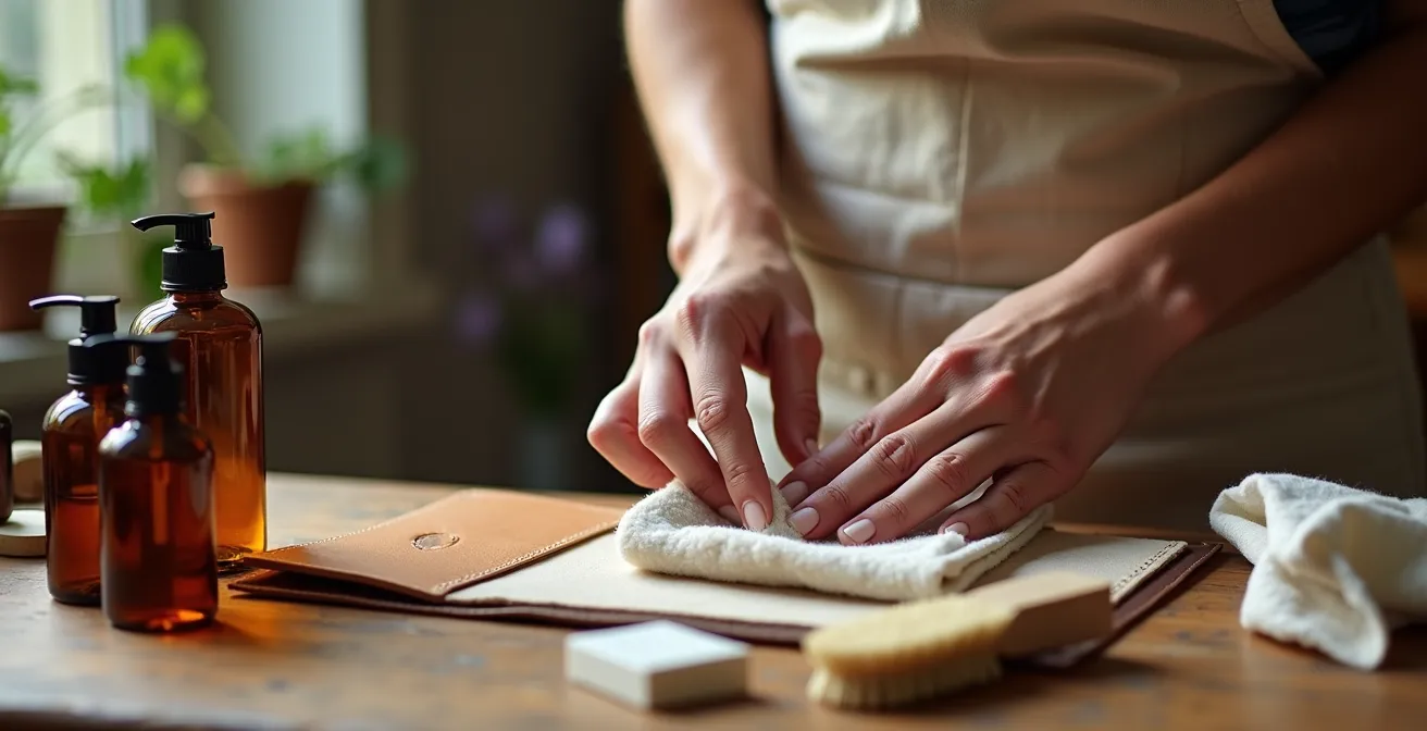 Mains expertes appliquant un produit nettoyant sur du cuir clair avec des outils d'entretien