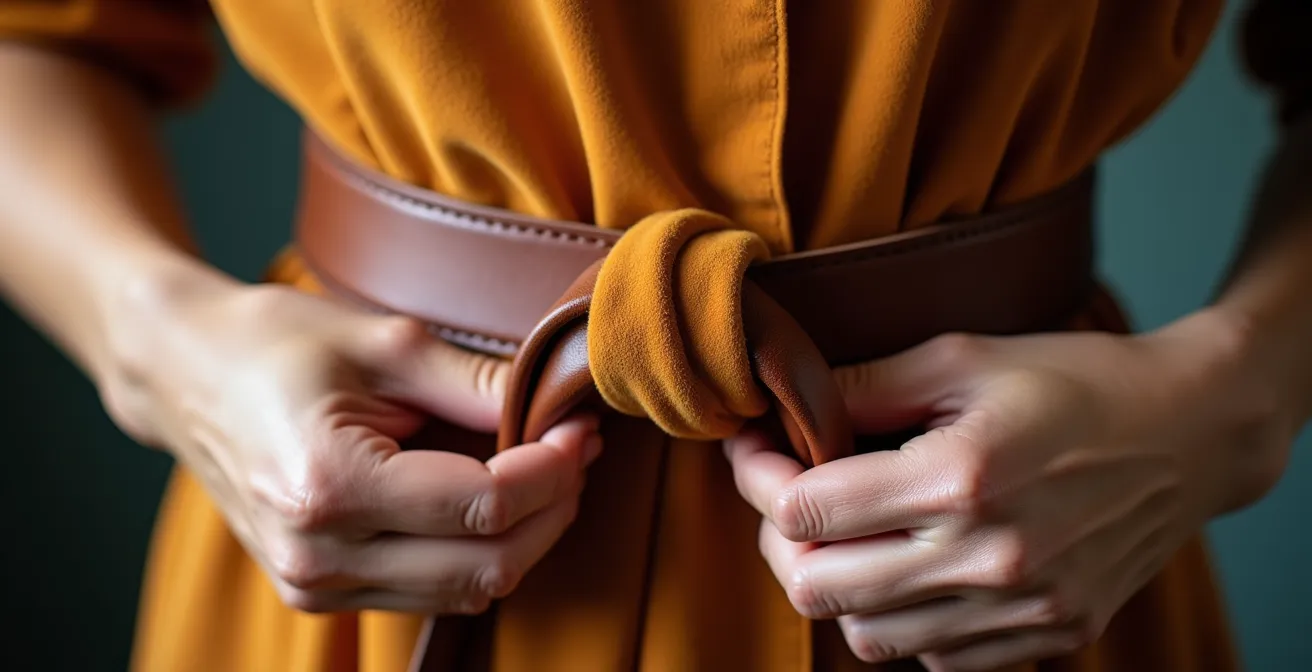 Mains féminines nouant une ceinture en cuir sur une robe