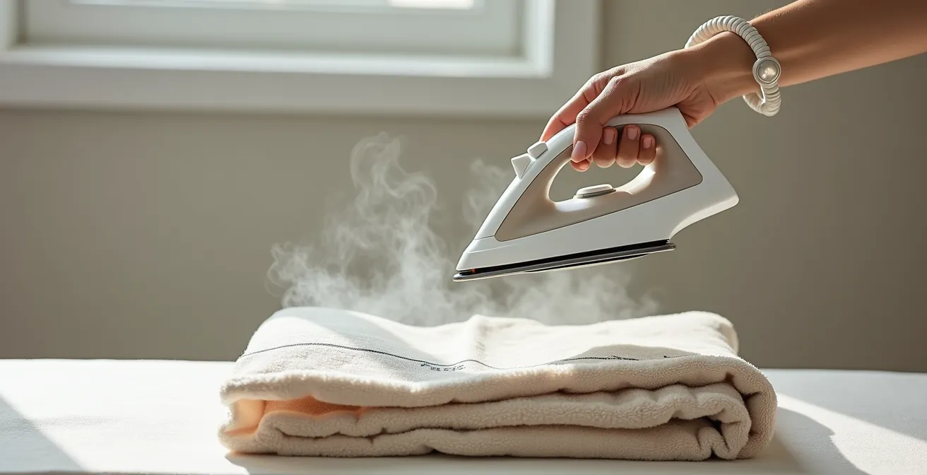 Vue latérale d'un fer à repasser suspendu au-dessus d'une serviette éponge protégeant une broderie en relief