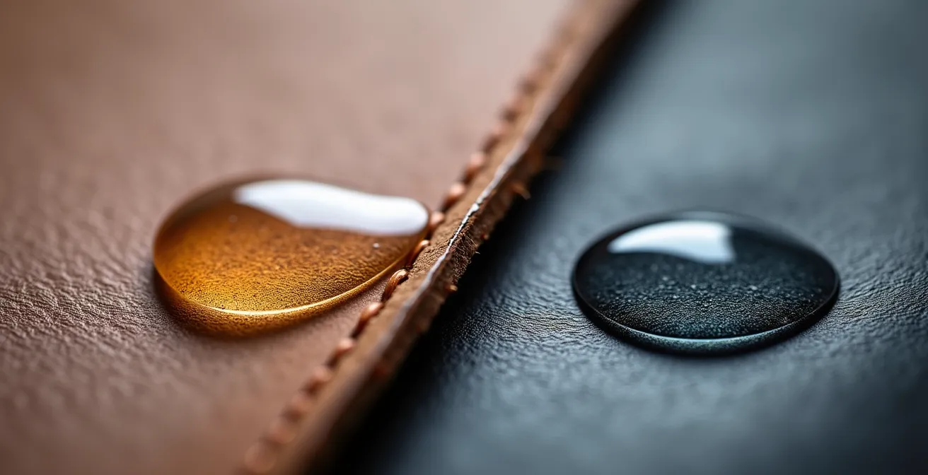 Test de la goutte d'eau sur cuir montrant la différence entre un cuir bien protégé et un cuir sur-imperméabilisé