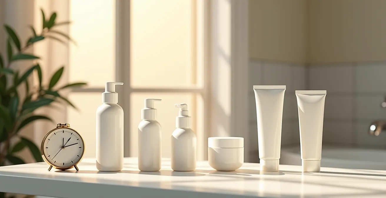 Visualisation d'une routine beauté matinale avec différents produits cosmétiques arrangés par ordre d'utilisation