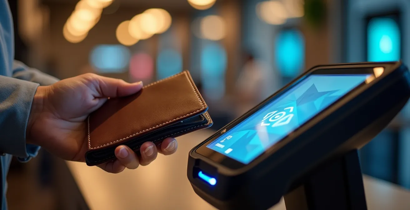 Main tenant un portefeuille fermé près d'un terminal de paiement sans contact pour tester la protection RFID