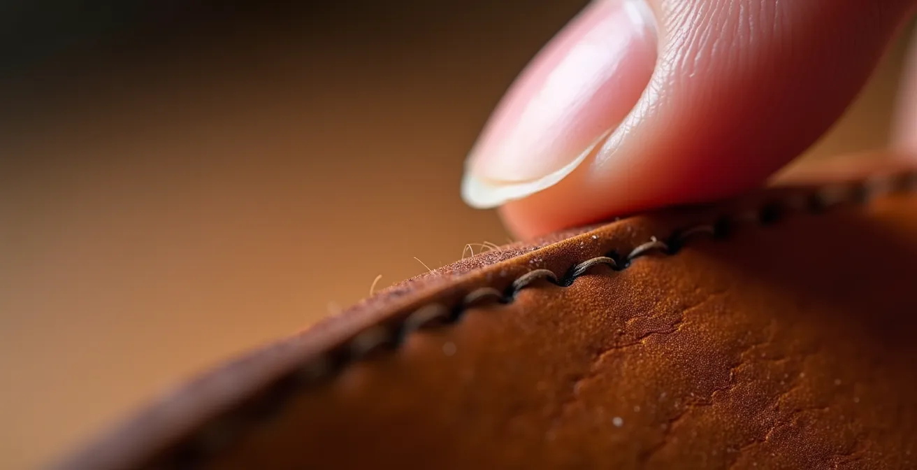 Détail macro d'une tranche de cuir véritable montrant les fibres naturelles