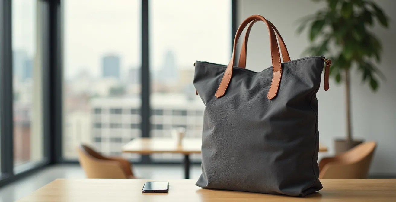 Totebag structuré posé sur un bureau dans un environnement professionnel épuré