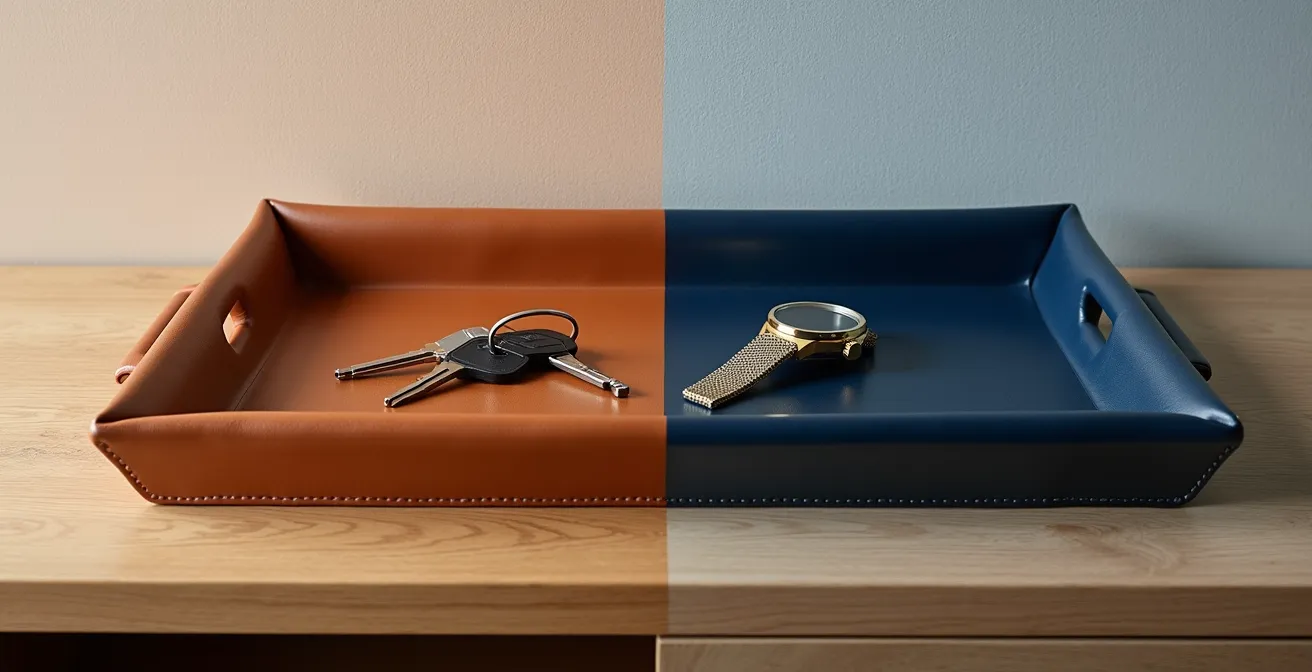 Vide-poche en cuir coloré contrastant avec une console en bois naturel