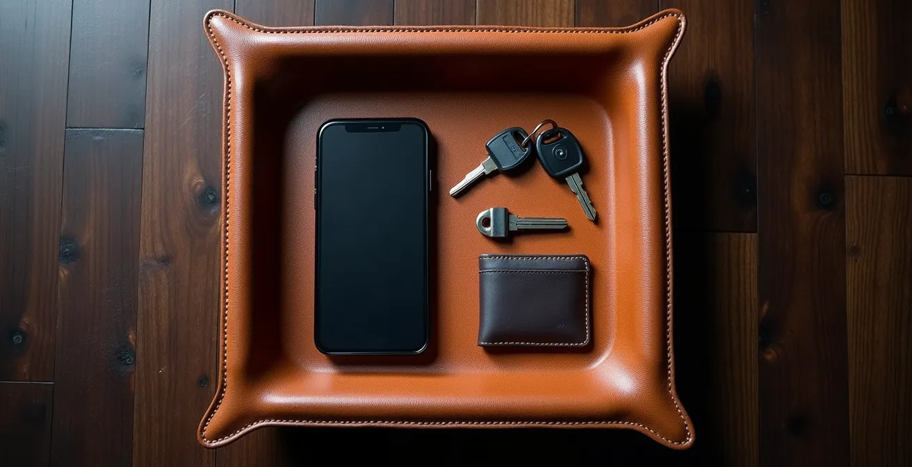 Vue de dessus d'un vide-poche en cuir avec clés, téléphone et portefeuille parfaitement organisés